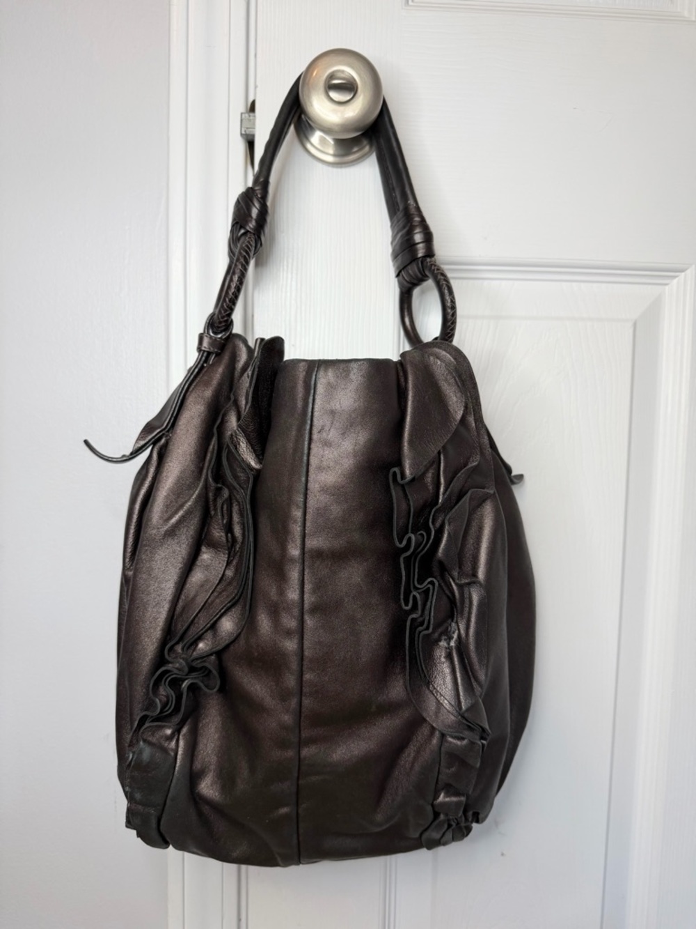 Prada Brown Nappa Mordore Ruffle Hobo Bag Purse. - Picture 3 of 9
